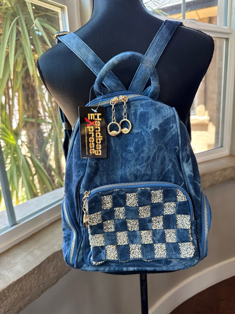 This Handbag Express Beaded Checkered - Washed Denim Mini Backpack (NWT)